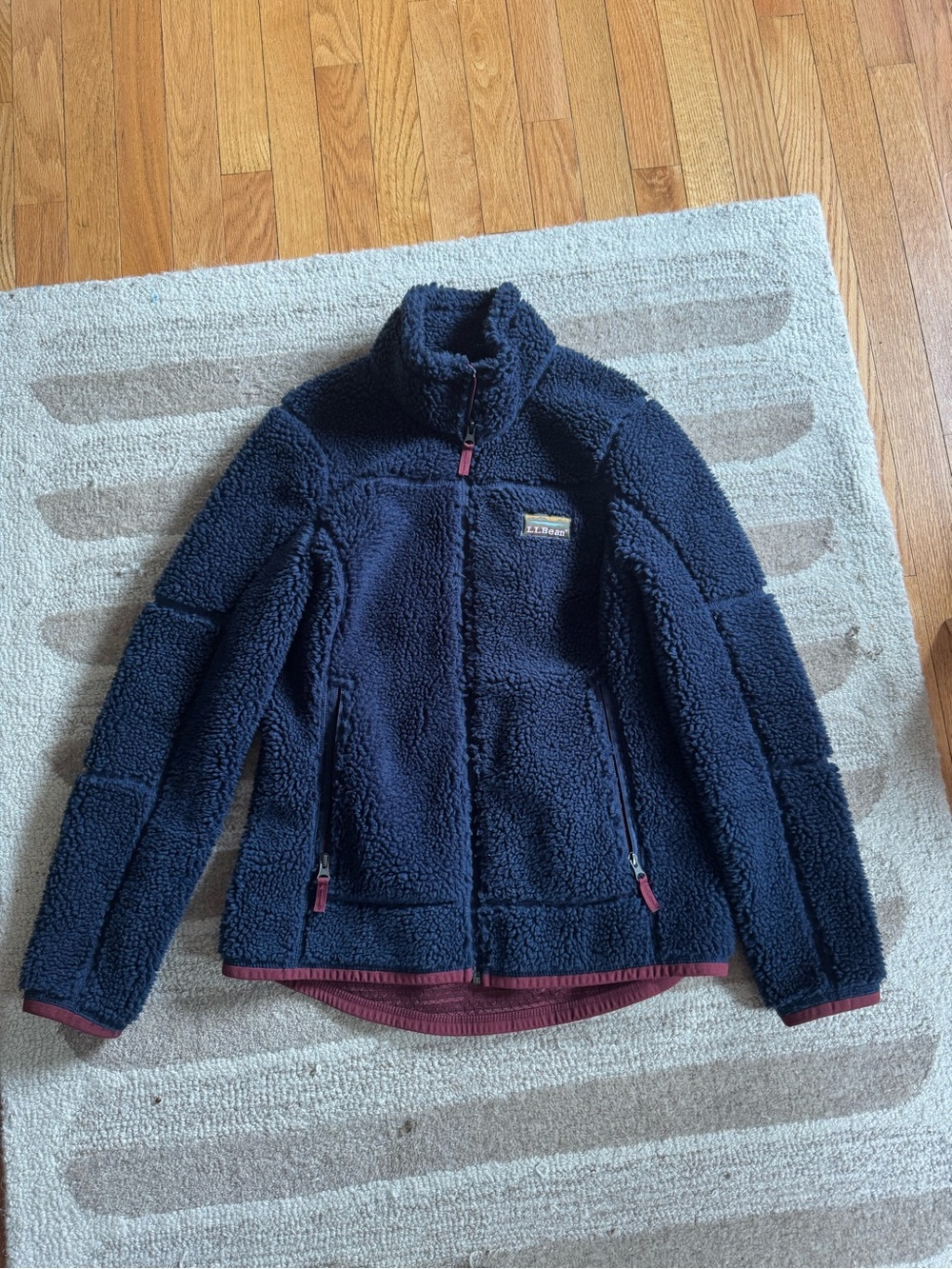 L.L. Bean Navy Blue Sherpa Fleece Jacket with Burgundy Trim